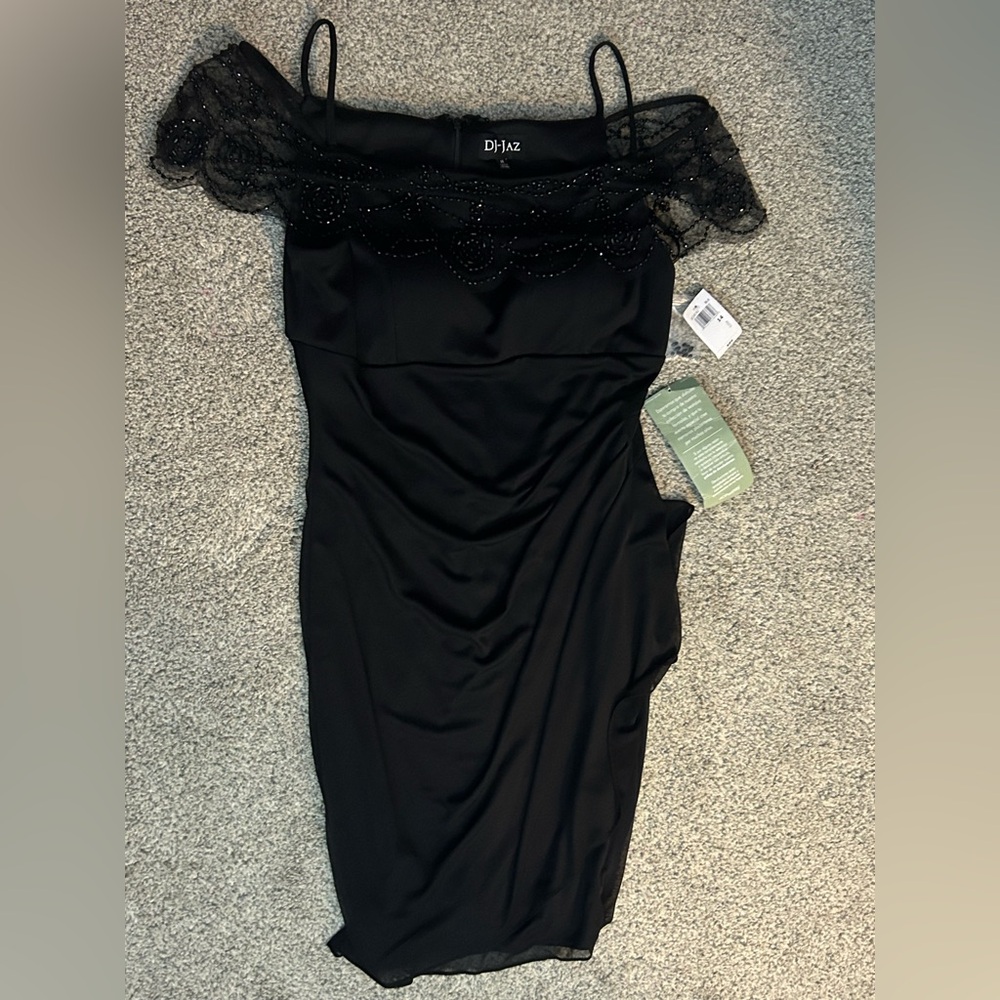 DJ Jaz Black Beaded Off-Shoulder Cocktail Dress – Size 14 (NWT)